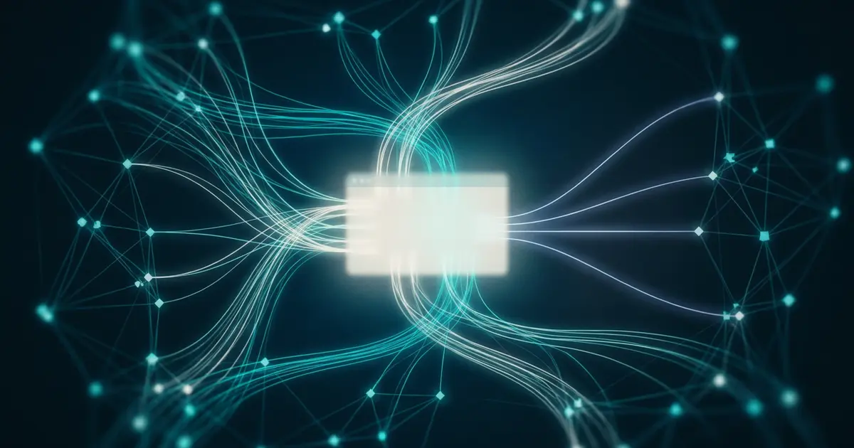 Abstract network of glowing nodes converging into a single answer panel, teal on dark background