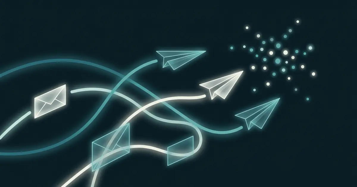 Abstract envelope and paper-plane shapes gliding along light paths toward glowing reader dots, teal on dark background