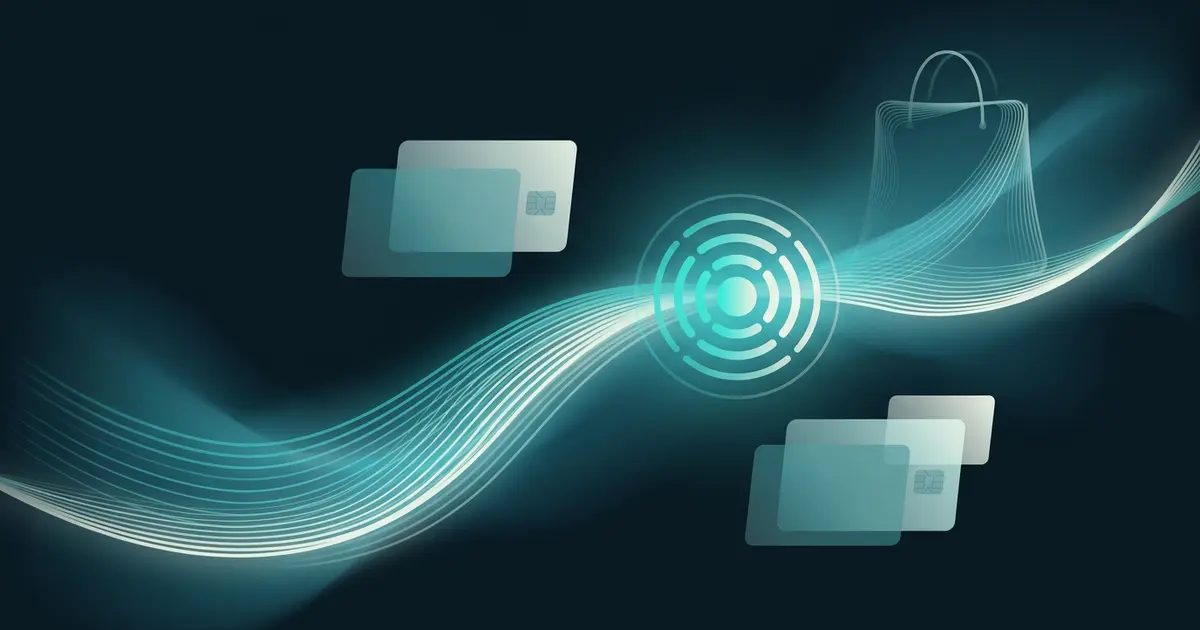 Abstract streamlined path with a glowing tap point and floating minimal card shapes in teal on a dark background