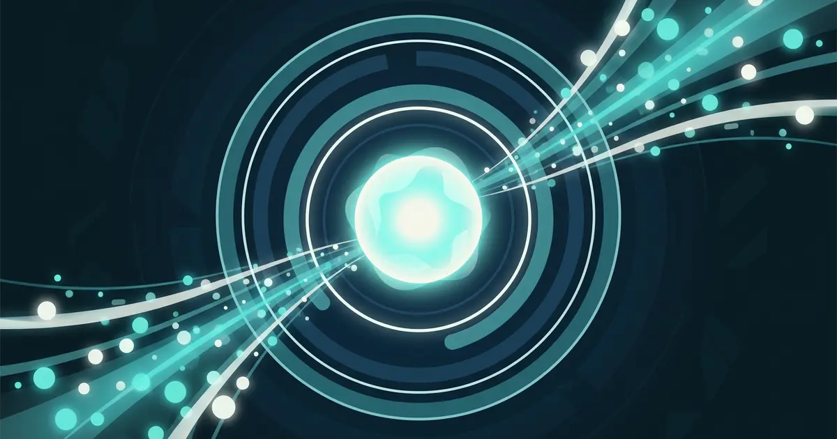 Abstract streams of data particles flowing through concentric rings into a bright core, teal on dark background