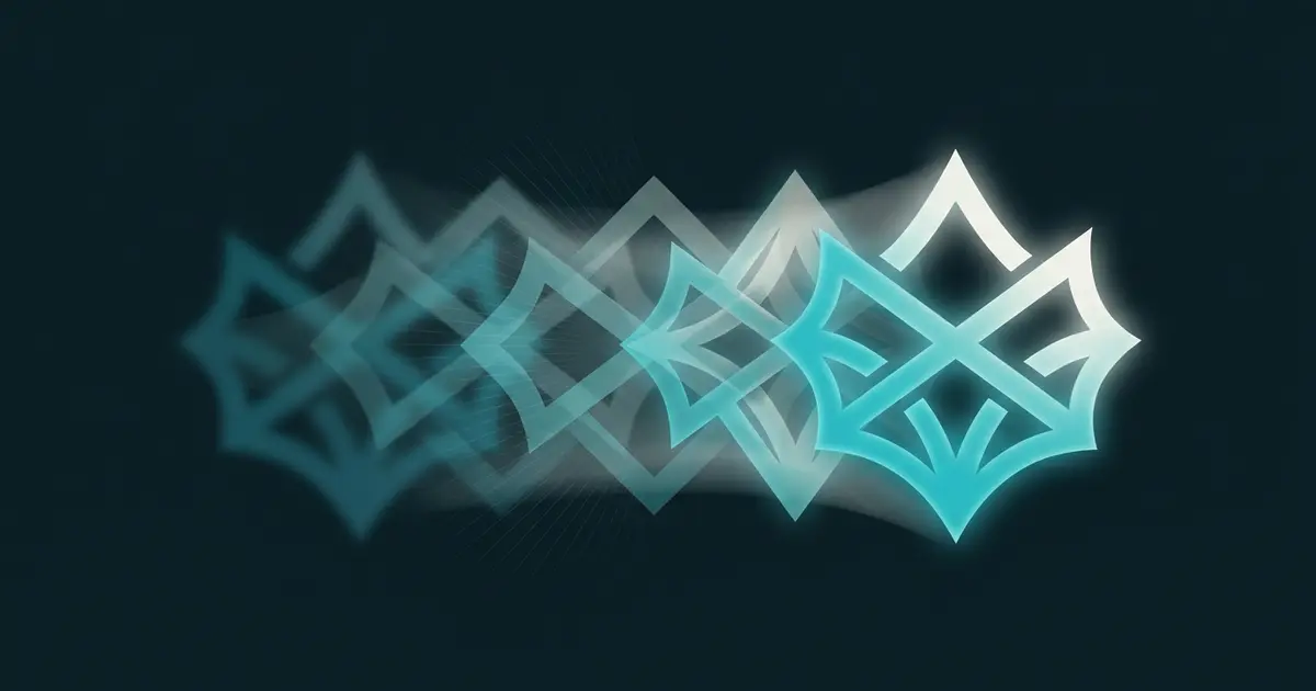 Abstract geometric emblem morphing through layered iterations from muted to vivid teal on dark background