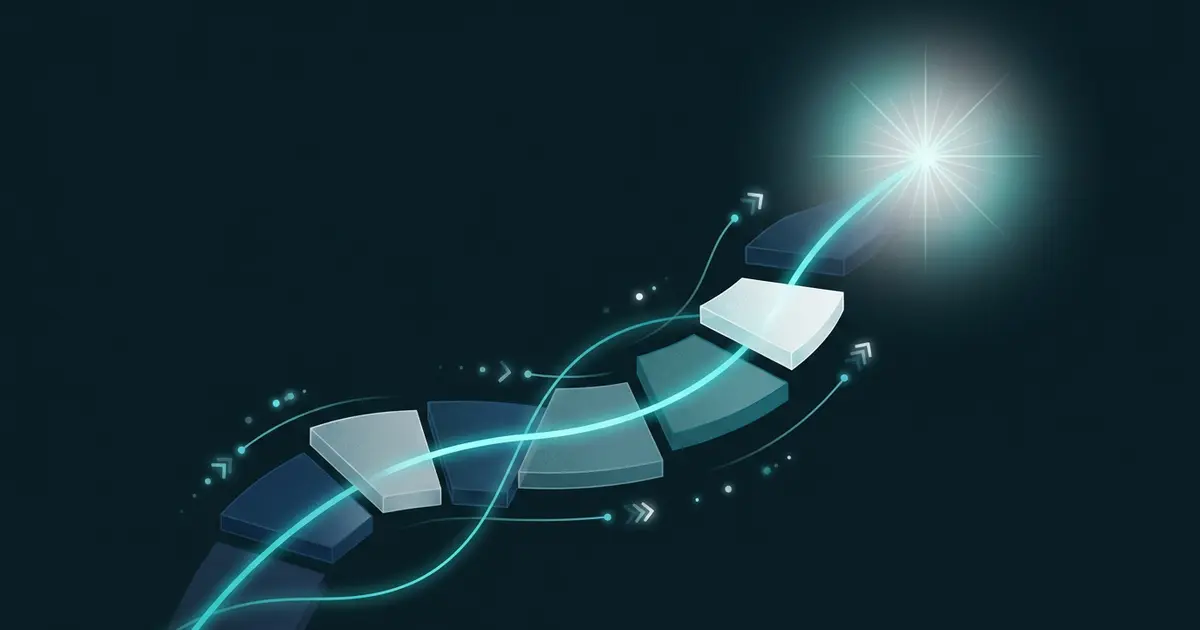 Abstract ascending glowing steps connected by a teal progress line reaching a radiant point, dark background