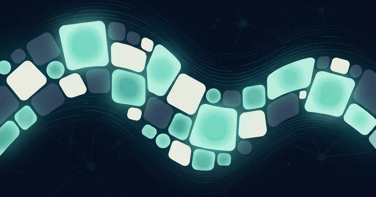 Abstract mosaic of glowing content tiles flowing together like a wave, teal on dark background