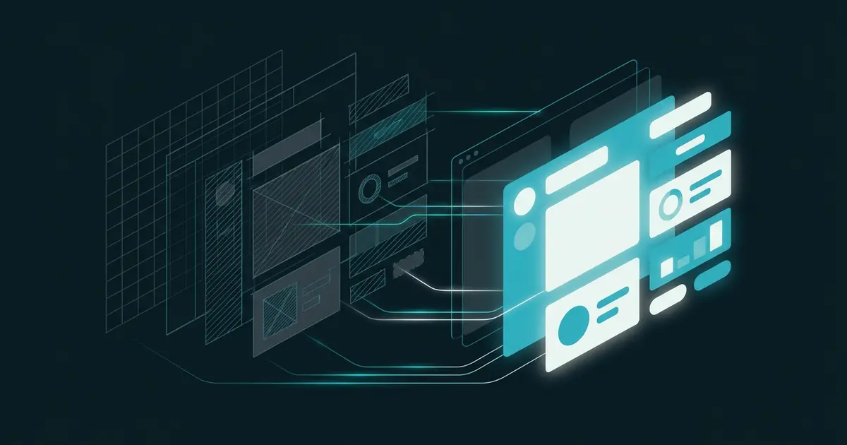 Abstract wireframe grid panels transforming into a refined interface layout with glowing teal lines on a dark background